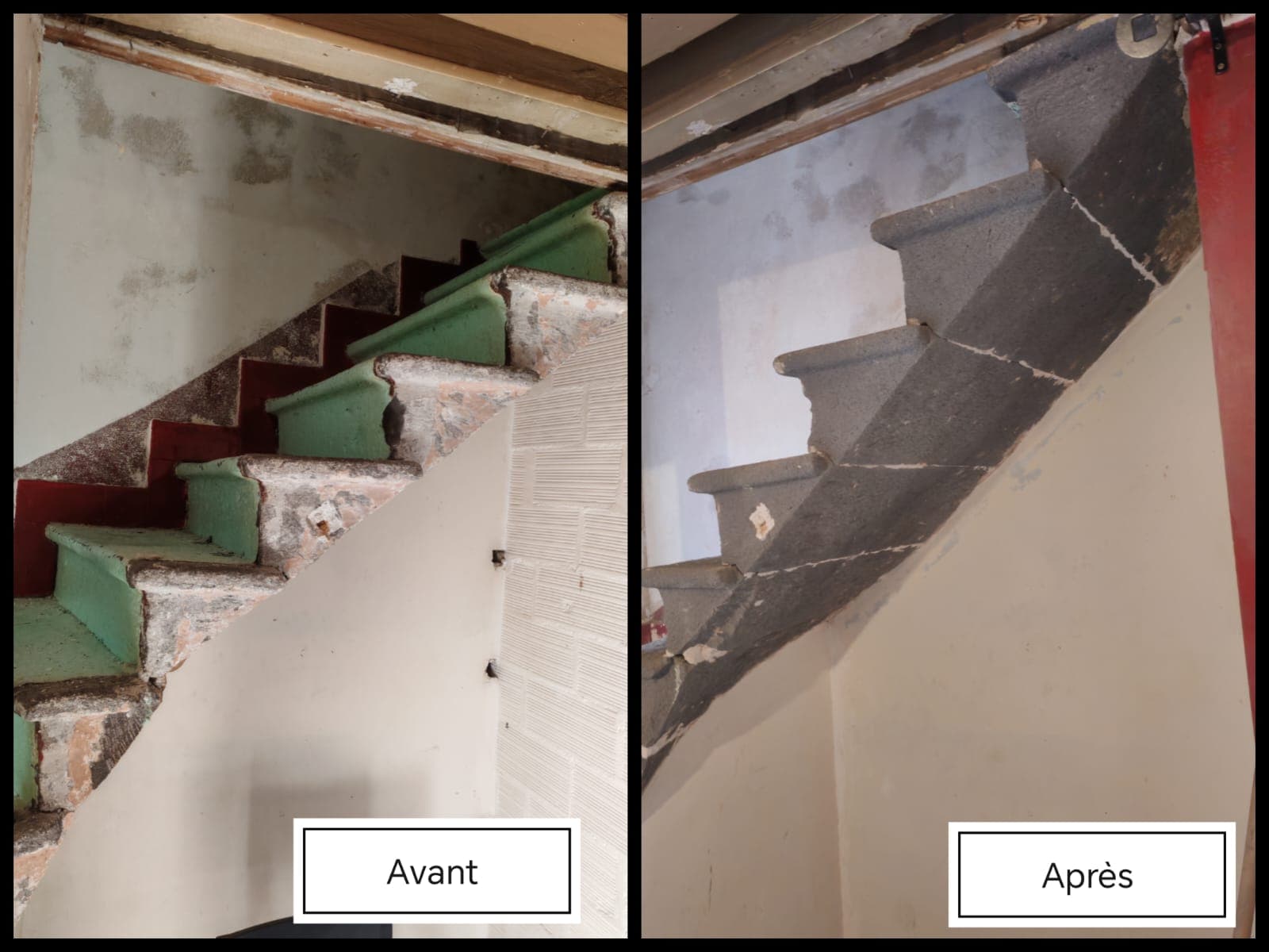Escalier en bois avant et après aérogommage