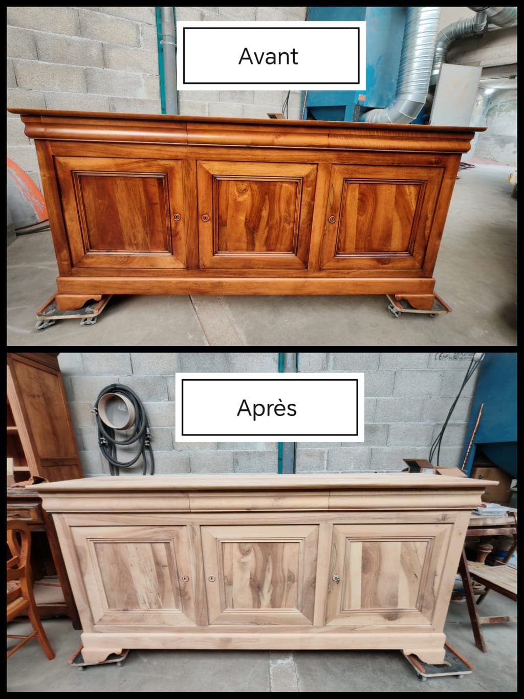 Meuble en bois décapé par aérogommage