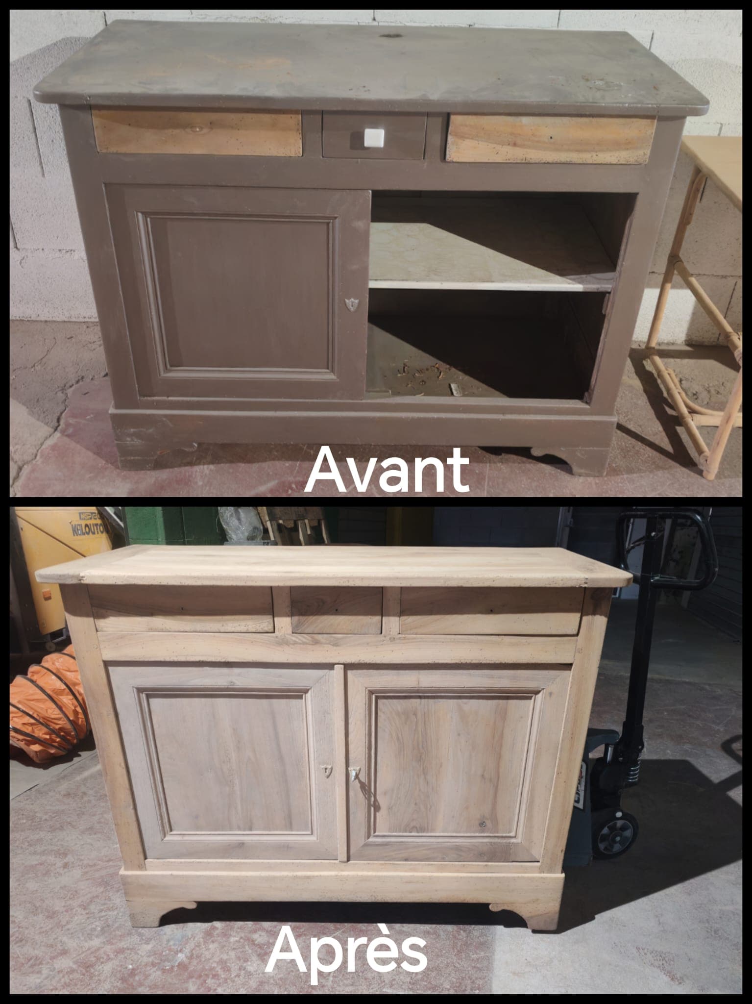 Commode avant et après décapage par aérogommage