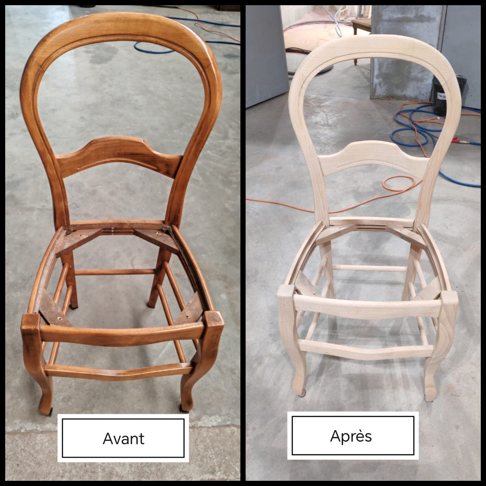 Chaise en bois décapée par aérogommage