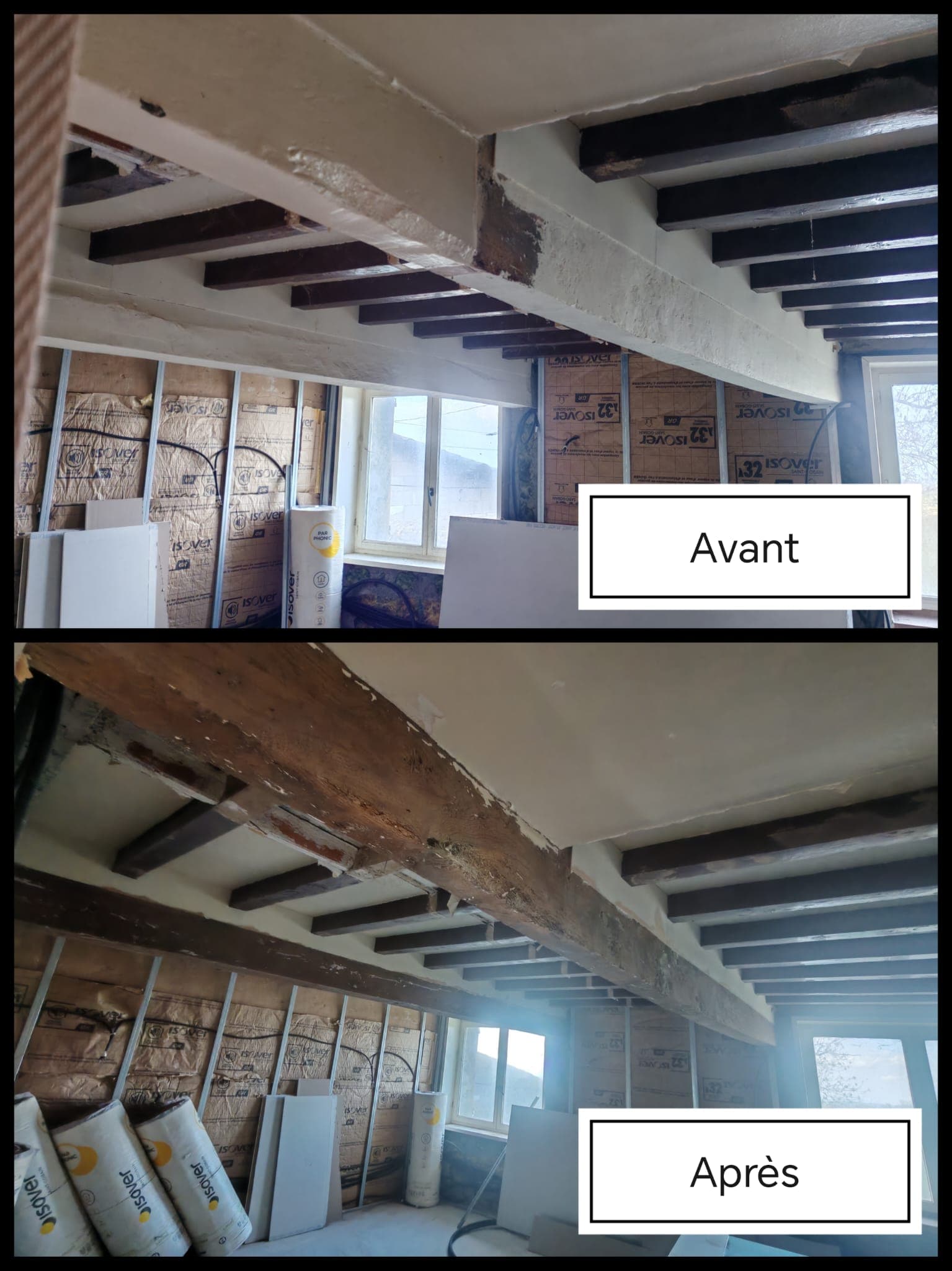 Charpente en bois décapée par aérogommage